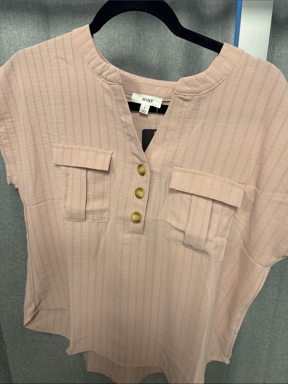 MINE Blush Pink Short Sleeve Henley with Front Flap Pockets